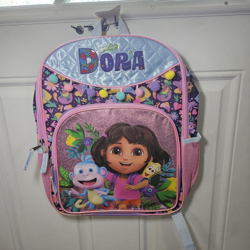 Dora Kids Pink Glitter Backpack with Pom-Pom Trim